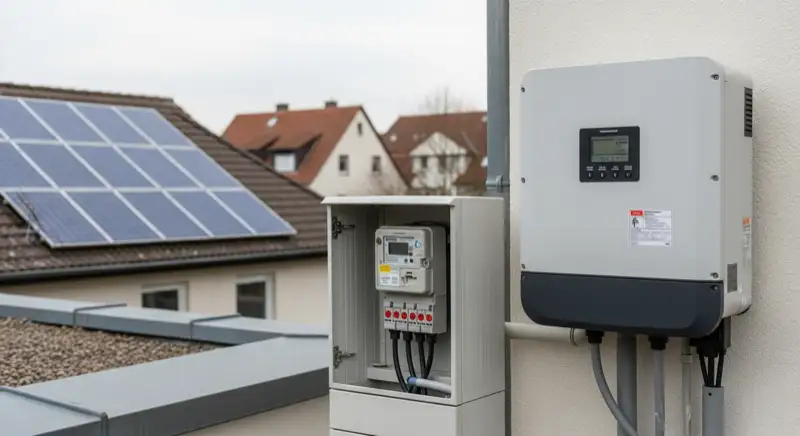 Modern German electrical meter cabinet (Zählerschrank) with smart meter and solar inverter connection, clean technical installation