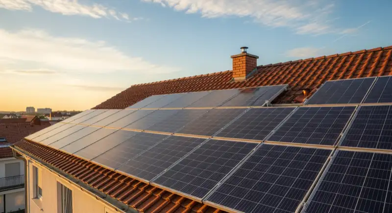 Close-up of photovoltaic solar panels installed on a traditional German Satteldach (gabled roof), blue sky with some clouds