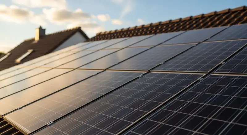 Close-up of photovoltaic solar panels installed on a traditional German Satteldach (gabled roof), blue sky with some clouds