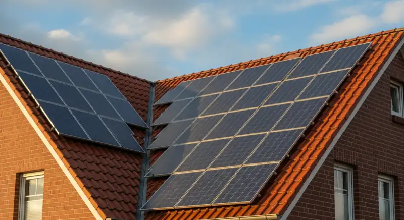 Close-up of photovoltaic solar panels installed on a traditional German Satteldach (gabled roof), blue sky with some clouds