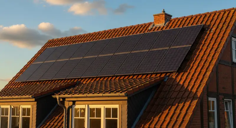 Close-up of photovoltaic solar panels installed on a traditional German Satteldach (gabled roof), blue sky with some clouds