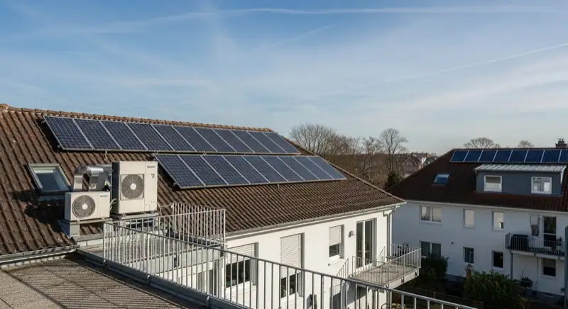 Siedlungshaus in Zeppelinheim mit außen stehender Wärmepumpen-Einheit ohne sichtbare Kennzeichen