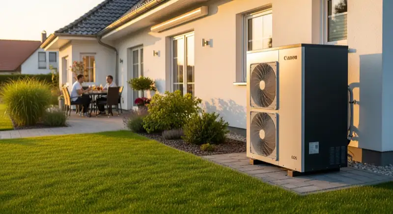 Einfamilienhaus mit Wärmepumpe im Vorgarten in einem Neubrandenburger Wohngebiet mit typischer Backstein-Architektur