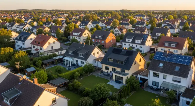 Aerial drone view of typical German residential neighborhood with mixed roof types, red and dark roof tiles, gardens visible, sunny day