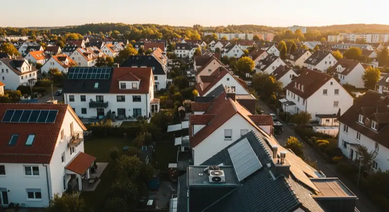 Aerial drone view of typical German residential neighborhood with mixed roof types, red and dark roof tiles, gardens visible, sunny day