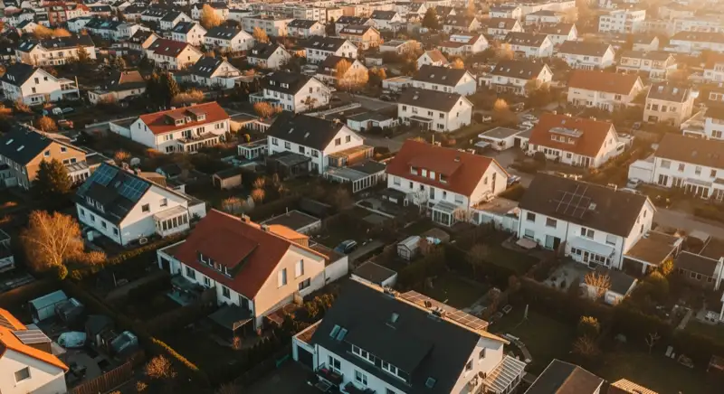 Aerial drone view of typical German residential neighborhood with mixed roof types, red and dark roof tiles, gardens visible, sunny day
