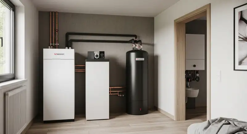 Heizungsbauer installiert Wärmepumpe an einem Neubrandenburger Einfamilienhaus