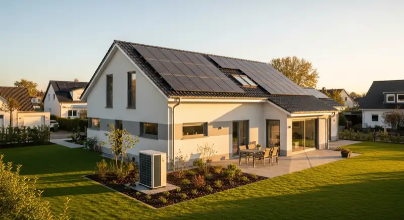 Einfamilienhaus in Neubrandenburg mit Photovoltaik-Anlage auf dem Dach und Wärmepumpen-Außeneinheit im Garten