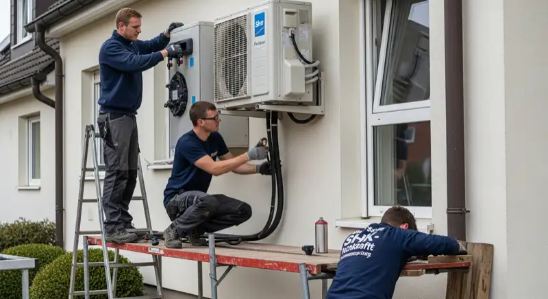 Moderner Technikraum mit Wärmepumpe und Pufferspeicher im Keller eines Neubrandenburger Altbaus