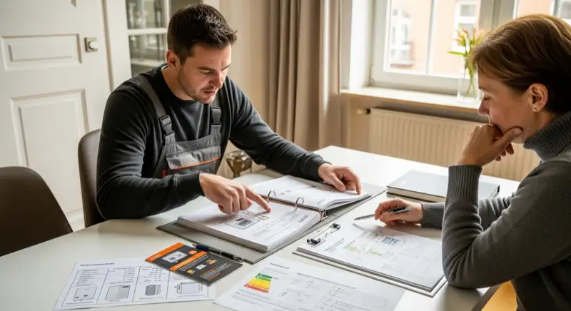 Fachinstallateur bei der Montage einer Wärmepumpe an einem Neubrandenburger Bestandshaus in Neubrandenburg mit Klinker-Fassade