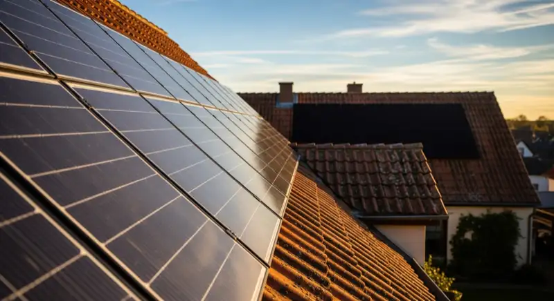Close-up of photovoltaic solar panels installed on a traditional German Satteldach (gabled roof), blue sky with some clouds