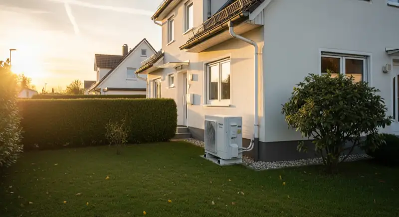 White air-source heat pump outdoor unit in tidy front garden of German Einfamilienhaus, hedge and lawn visible