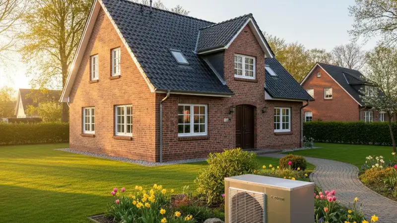 Einfamilienhaus mit Wärmepumpe im Vorgarten in einem Neumünsteraner Wohngebiet mit typischer Backstein-Architektur