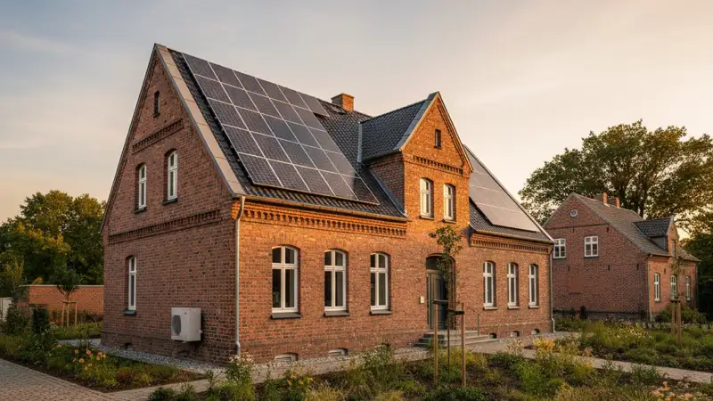 Moderner Technikraum mit Wärmepumpe und Pufferspeicher im Keller eines Neumünsteraner Altbaus