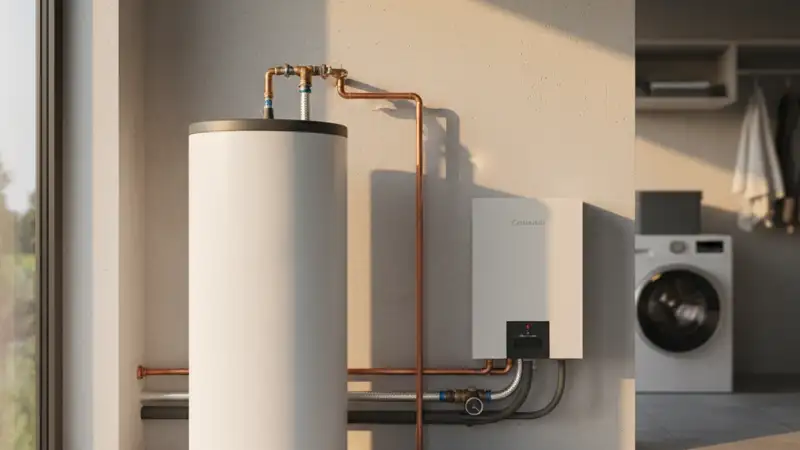 Smart-Home-Display mit Wärmepumpensteuerung in einem modernen Neumünsteraner Wohnzimmer