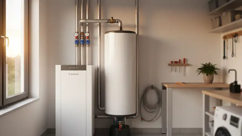 Typisches älteren Haus in Einfeld mit Erker und moderner Wärmepumpe im seitlichen Vorgarten