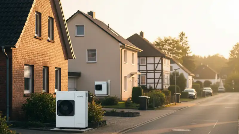 Fachinstallateur bei der Montage einer Wärmepumpe an einem Neumünsteraner älteren Haus mit Klinker-Fassade
