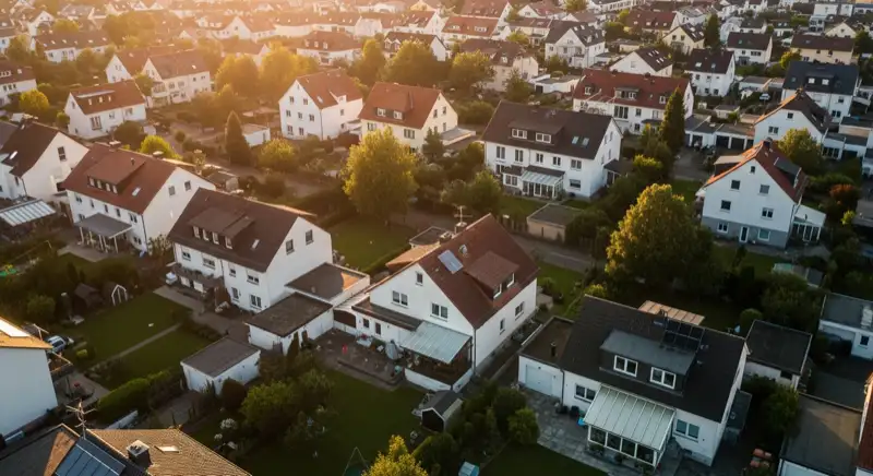 Aerial drone view of typical German residential neighborhood with mixed roof types, red and dark roof tiles, gardens visible, sunny day
