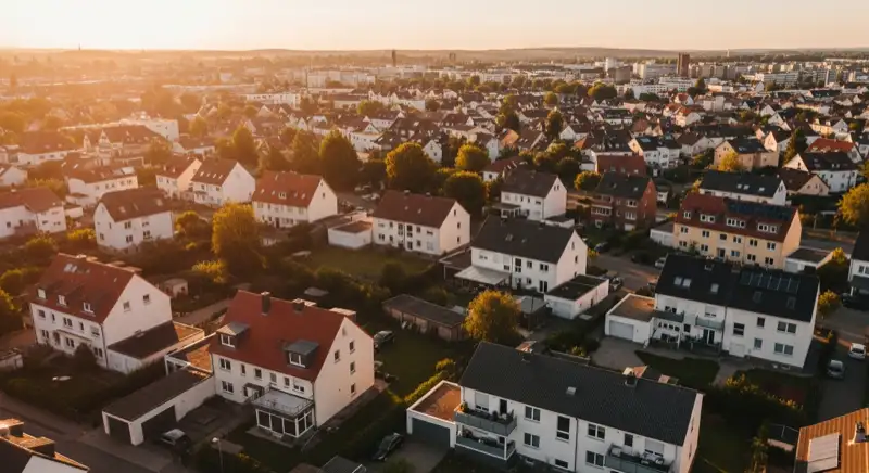 Aerial drone view of typical German residential neighborhood with mixed roof types, red and dark roof tiles, gardens visible, sunny day