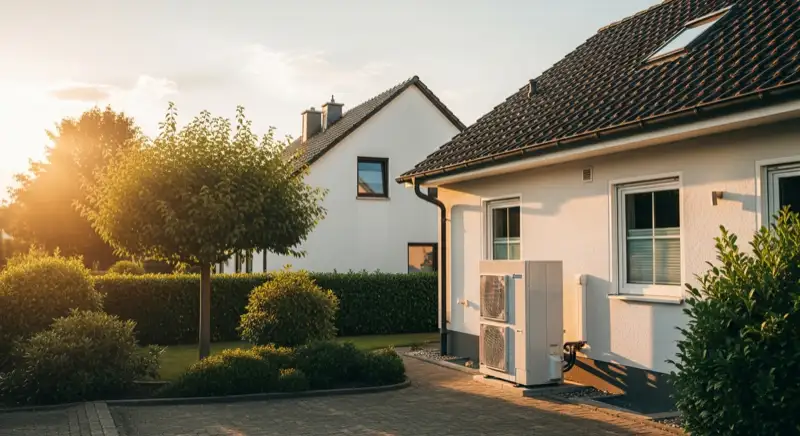 Wärmepumpen-Außeneinheit vor einem typischen Neunkircher Einfamilienhaus