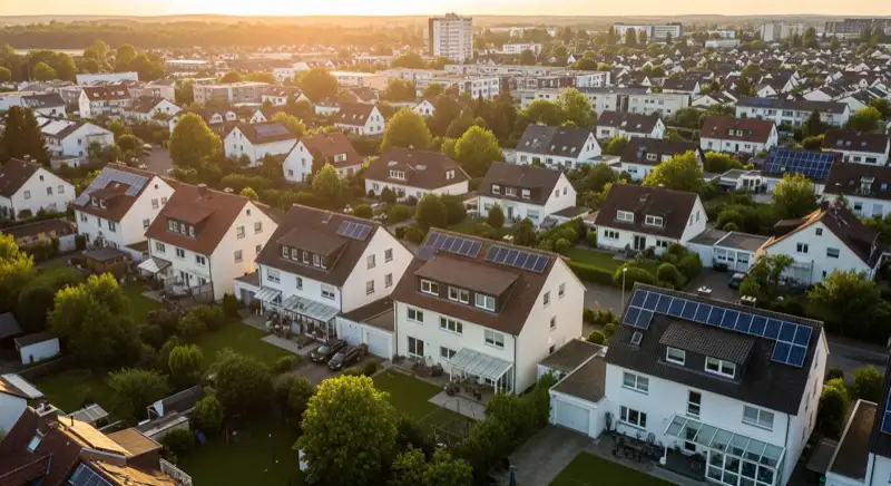 Aerial drone view of typical German residential neighborhood with mixed roof types, red and dark roof tiles, gardens visible, sunny day