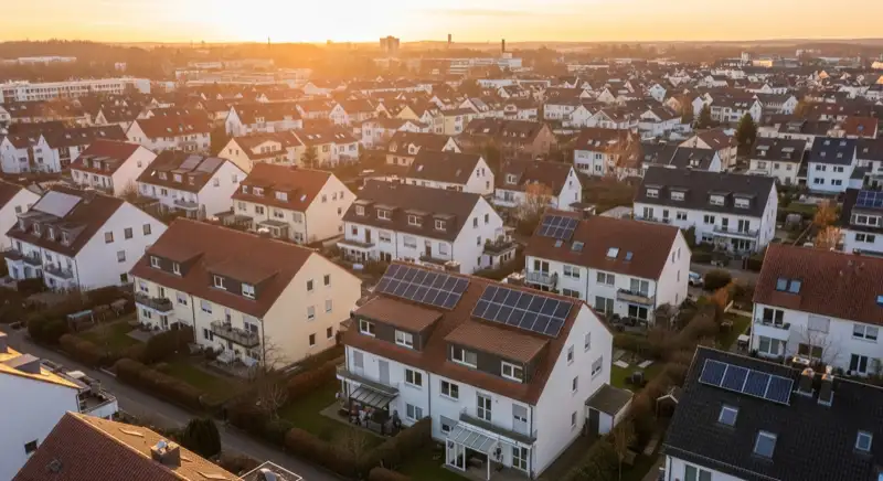 Aerial drone view of typical German residential neighborhood with mixed roof types, red and dark roof tiles, gardens visible, sunny day