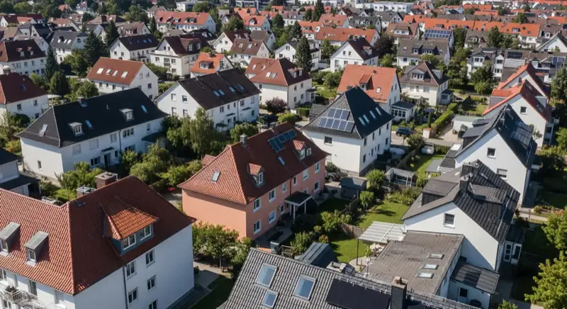 Aerial drone view of typical German residential neighborhood with mixed roof types, red and dark roof tiles, gardens visible, sunny day