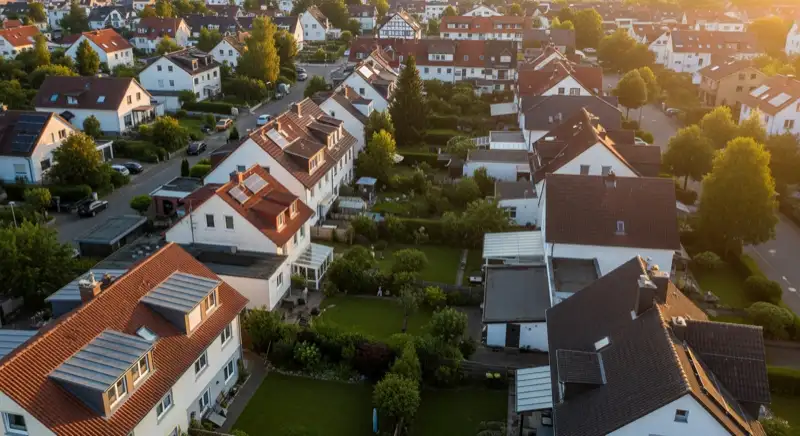 Aerial drone view of typical German residential neighborhood with mixed roof types, red and dark roof tiles, gardens visible, sunny day