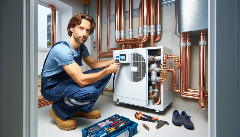 Techniker installiert Wärmepumpe im Keller eines Neusser Einfamilienhauses