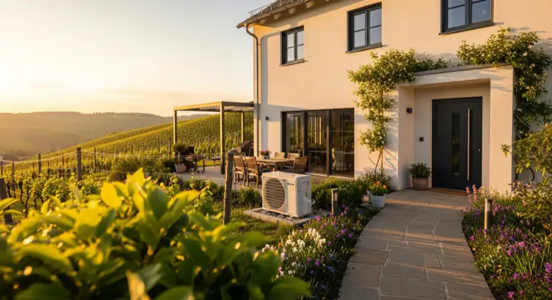 Einfamilienhaus mit Wärmepumpe im Vorgarten in einem Neustadter Wohngebiet mit typischer Wohnarchitektur