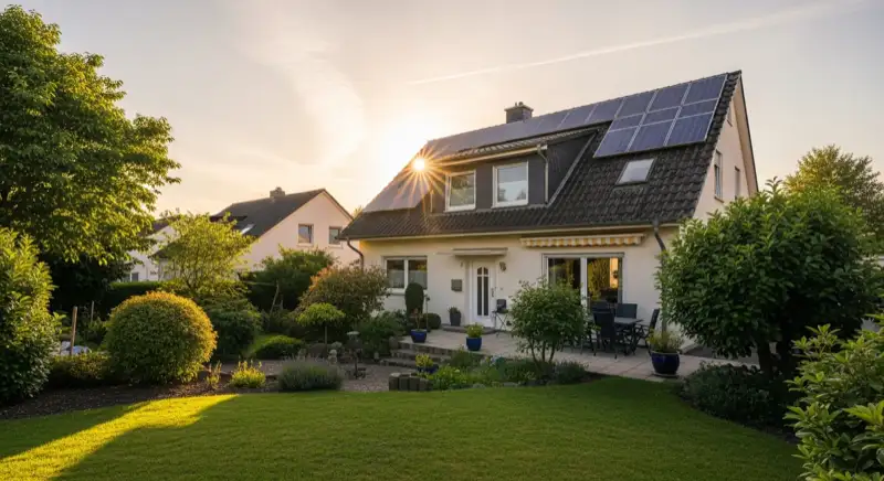 German detached house (Einfamilienhaus) with photovoltaic panels on pitched roof, well-maintained garden, warm afternoon sunlight
