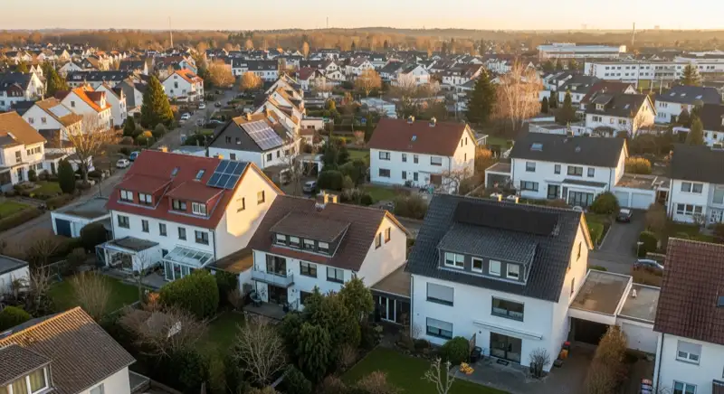 Aerial drone view of typical German residential neighborhood with mixed roof types, red and dark roof tiles, gardens visible, sunny day