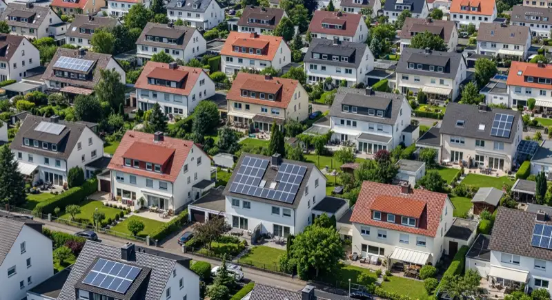 Aerial drone view of typical German residential neighborhood with mixed roof types, red and dark roof tiles, gardens visible, sunny day