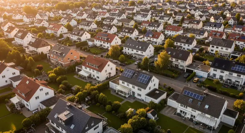Aerial drone view of typical German residential neighborhood with mixed roof types, red and dark roof tiles, gardens visible, sunny day