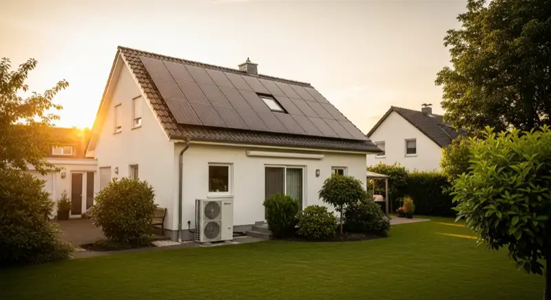 Einfamilienhaus in Neuwied mit Photovoltaikanlage auf dem Dach und Wärmepumpen-Außeneinheit im Garten