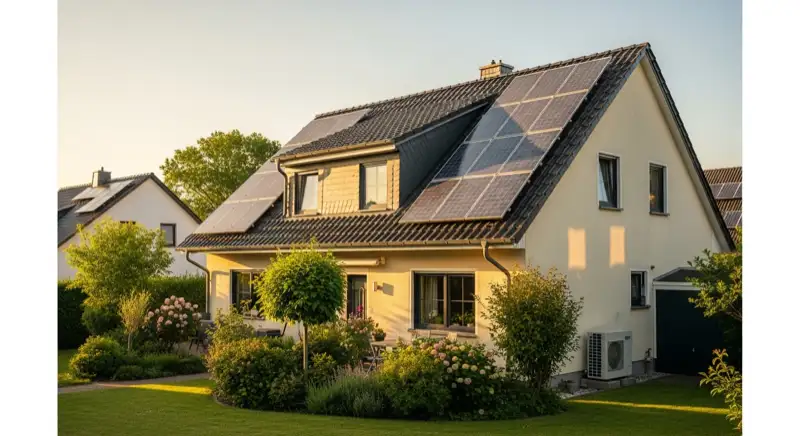 German detached house (Einfamilienhaus) with photovoltaic panels on pitched roof, well-maintained garden, warm afternoon sunlight