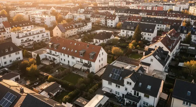 Aerial drone view of typical German residential neighborhood with mixed roof types, red and dark roof tiles, gardens visible, sunny day