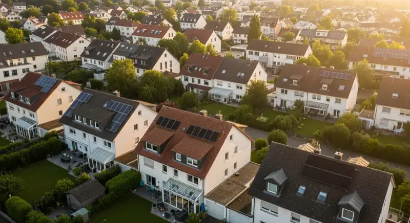 Aerial drone view of typical German residential neighborhood with mixed roof types, red and dark roof tiles, gardens visible, sunny day
