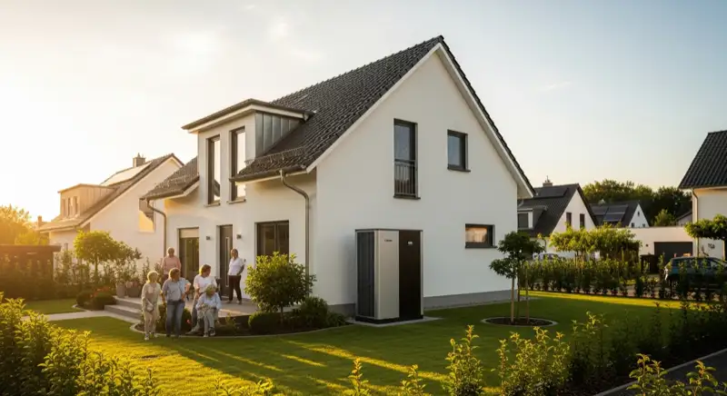 Moderne Luft-Wasser-Wärmepumpe im Vorgarten eines Bestandshauses in Garstedt mit rotem Klinker