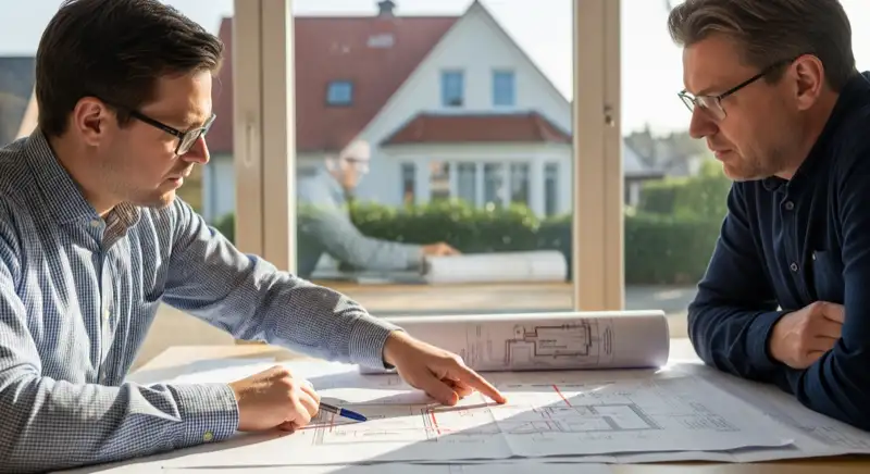 Winterszene in einem Norderstedter Vorort mit Bestandshäusern und Wärmepumpe, Hamburger Umland im Hintergrund