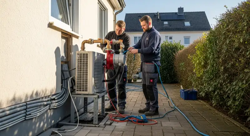 Moderner Technikraum mit Wärmepumpe und Pufferspeicher im Keller eines Norderstedter Altbaus