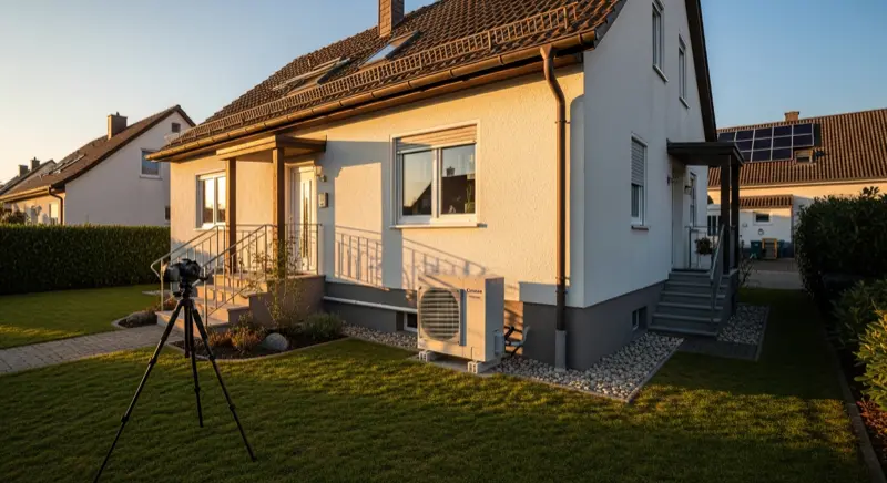 Einfamilienhaus mit Wärmepumpe im Garten in einem Nürnberger Vorort mit fränkischer Architektur