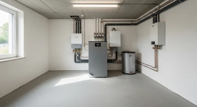 Moderner Heizungskeller mit Wärmepumpe in einem Nürnberger Einfamilienhaus