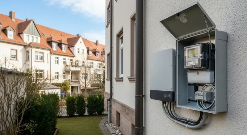 Modern German electrical meter cabinet (Zählerschrank) with smart meter and solar inverter connection, clean technical installation