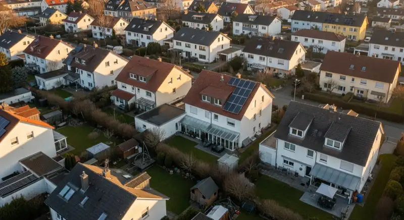 Aerial drone view of typical German residential neighborhood with mixed roof types, red and dark roof tiles, gardens visible, sunny day