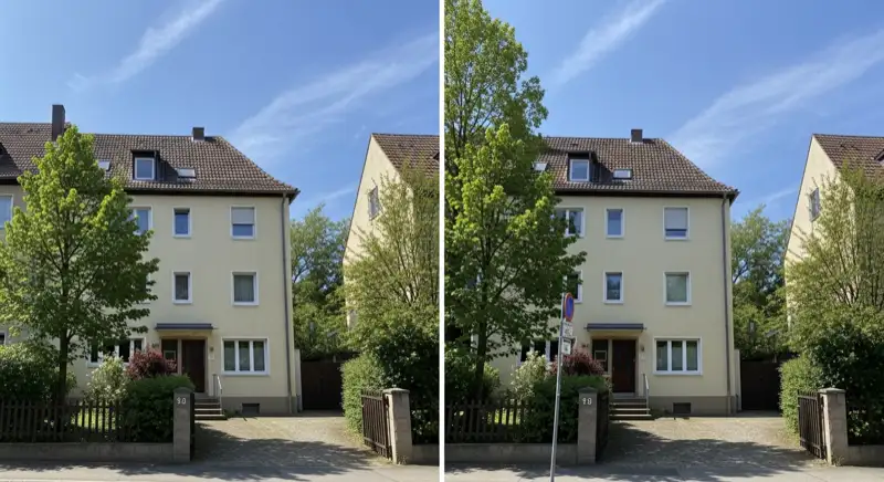 Aerial drone view of typical German residential neighborhood with mixed roof types, red and dark roof tiles, gardens visible, sunny day
