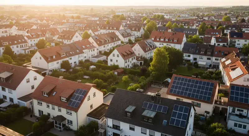Aerial drone view of typical German residential neighborhood with mixed roof types, red and dark roof tiles, gardens visible, sunny day