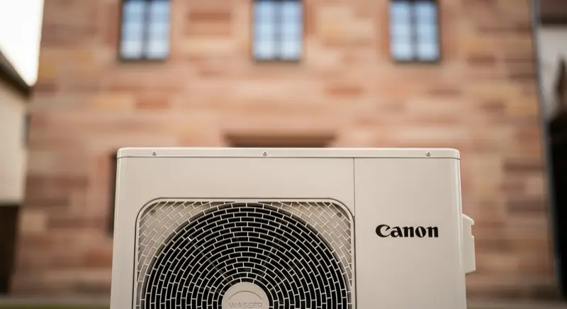 Luft-Wasser-Wärmepumpe Nahaufnahme vor einem Nürnberger Sandsteinhaus