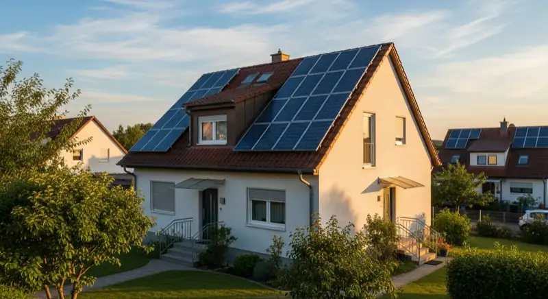 German detached house (Einfamilienhaus) with photovoltaic panels on pitched roof, well-maintained garden, warm afternoon sunlight