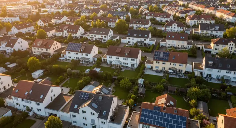 Aerial drone view of typical German residential neighborhood with mixed roof types, red and dark roof tiles, gardens visible, sunny day